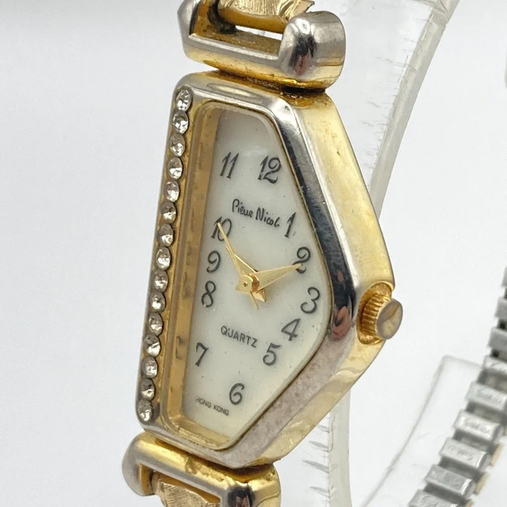 Pierre Nicol Half Moon Womens Watch Gold Tone Crystals MOP New Battery SMALL